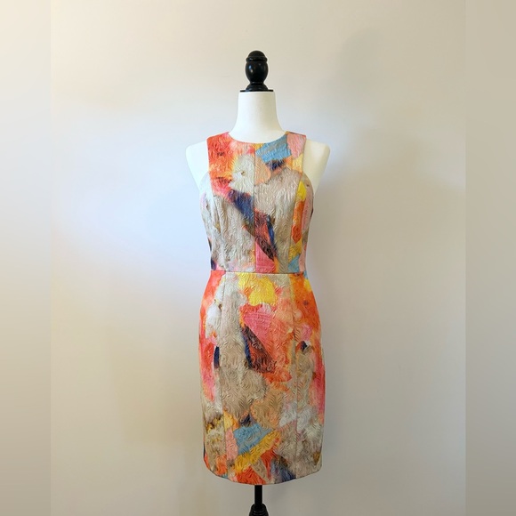 H&M Multi-Coloured, Pink, Yellow, Tan, Embossed Printed Dress, Fitted - size 8 - Picture 2 of 8